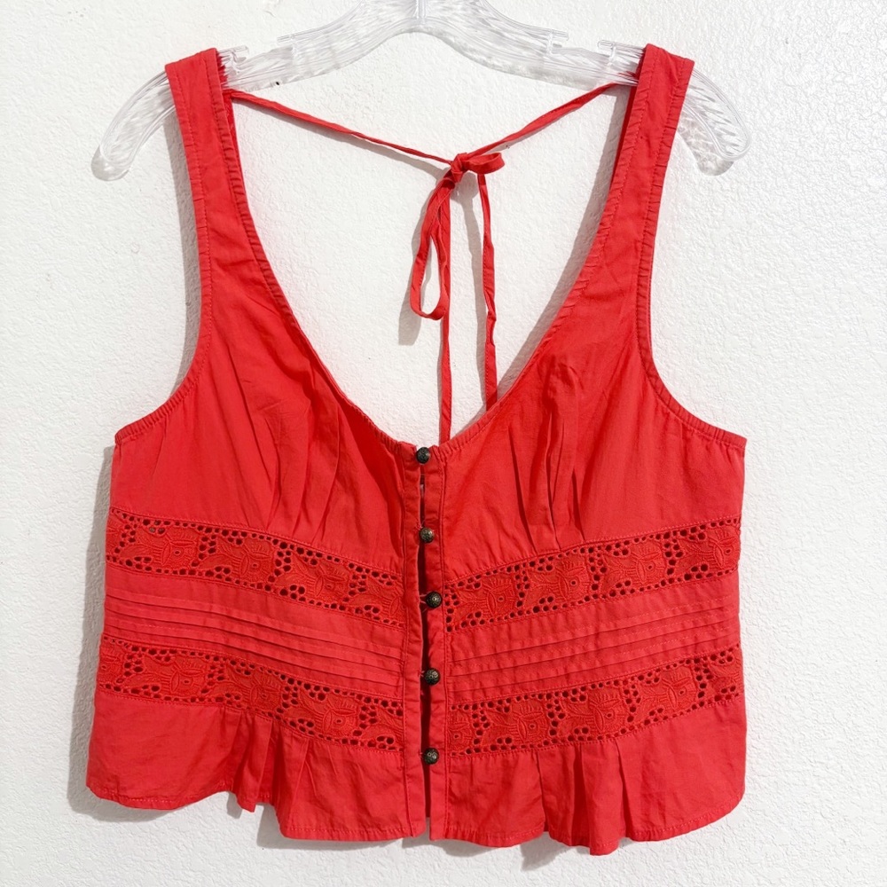 Free People Kianna Lace Button Front Tank in Radiant Watermelon - Picture 5 of 11